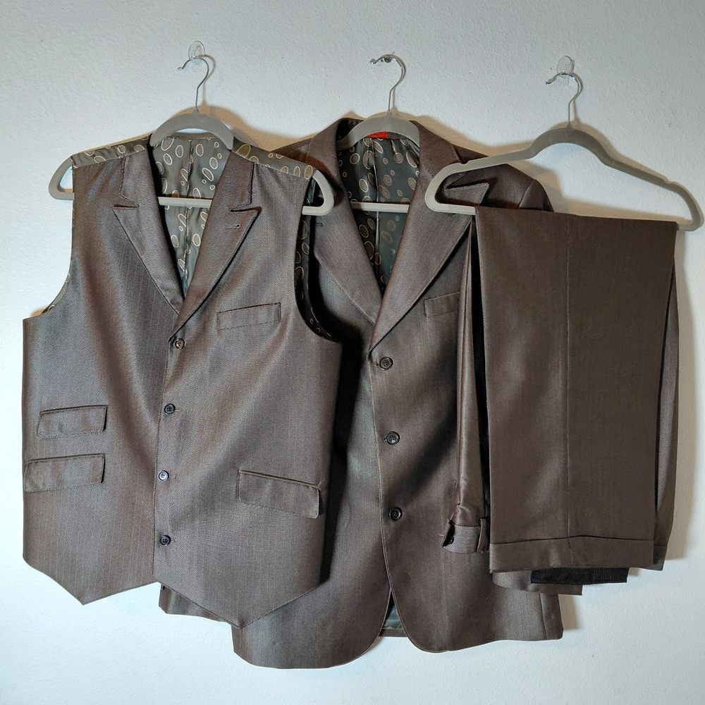 T Fusion Distinctive 3 Piece Suit 40R 32" Pants Miamik Jacket Blazer 3 Button